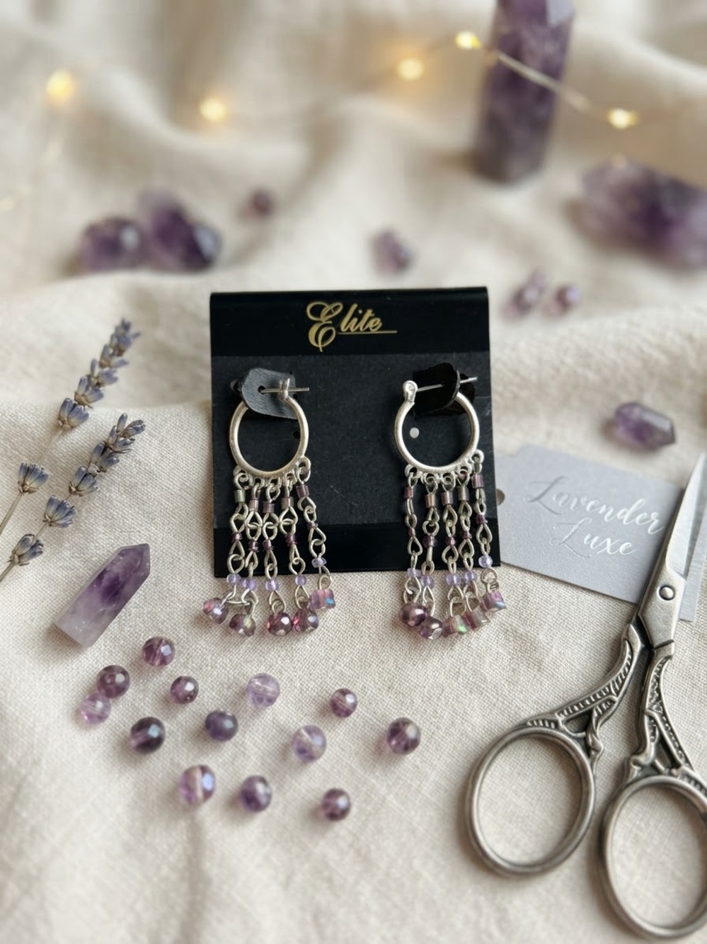 Lavender Beaded Dangle Hoop Earrings Buy it now!
